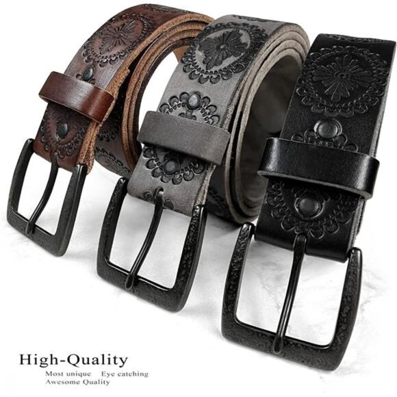 Cowboy Cowgirl Western Tooled Floral Embossed Full Grain Genuine Leather Belt main image 3